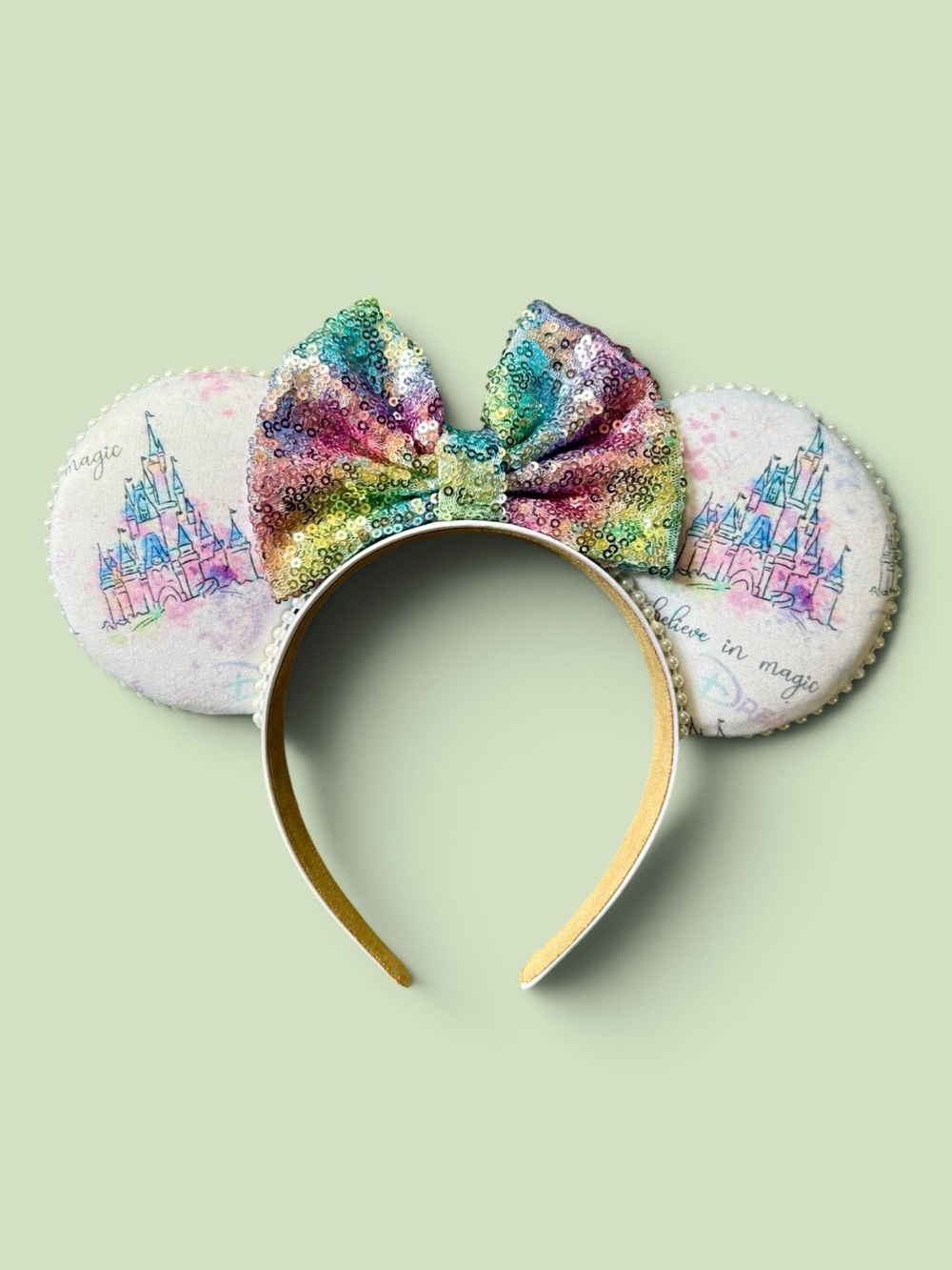 Disney Inspired Handmade CASTLE with Sequins Bow- Minnie Ears Headband - NWOT